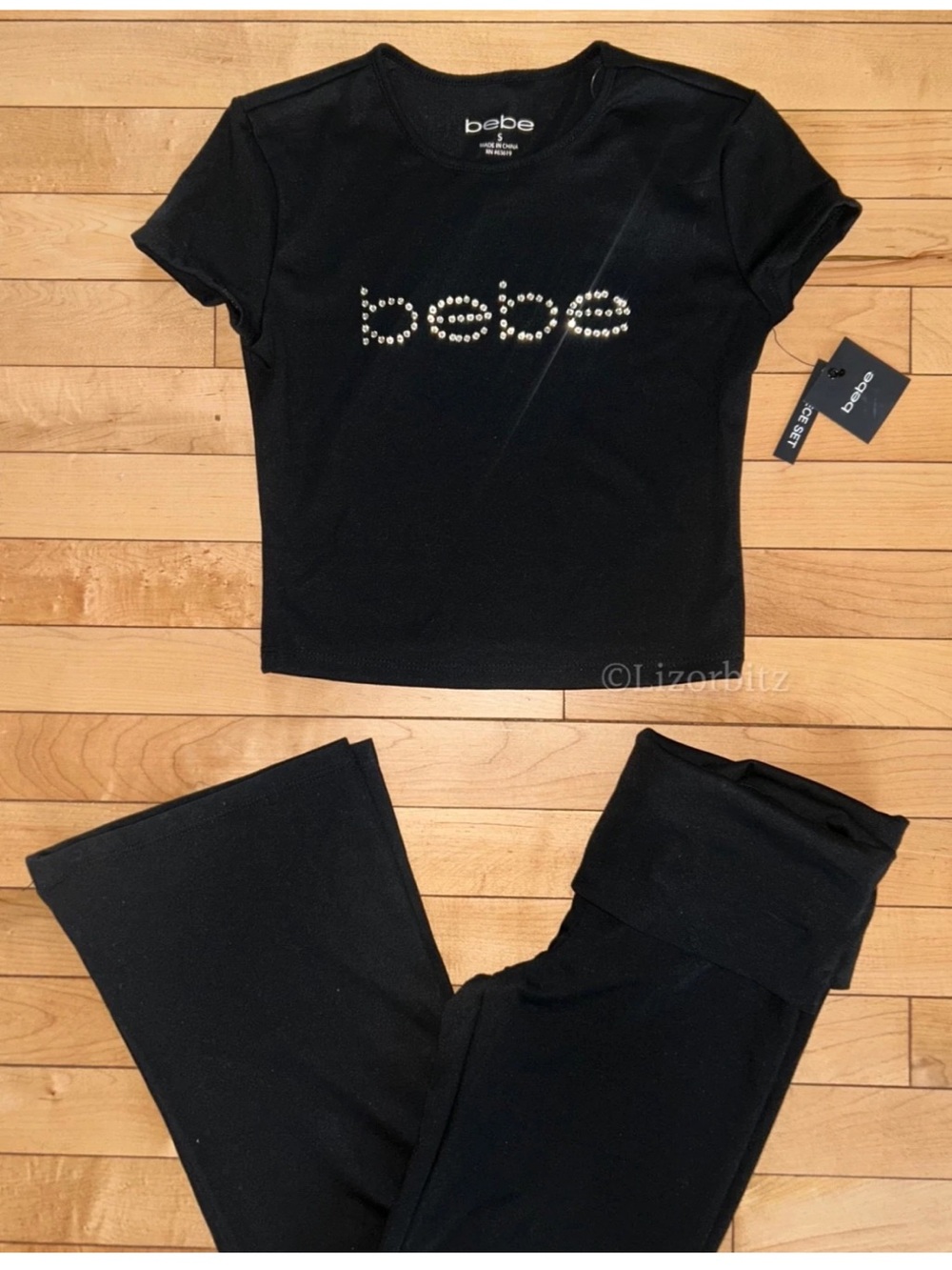 NEW! NWT BEBE Bling Rhinestone Logo Tee & Leggings Yoga Set Black Size S